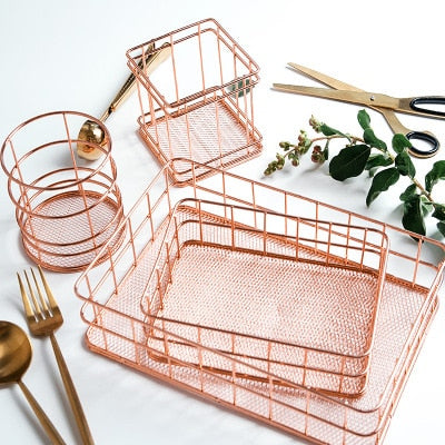 Rose Gold Iron Art Nordic Makeup Organizer Basket Eyeliner Brush Set Storage Cup Dressing Table Makeup Cosmetic Organizer Box